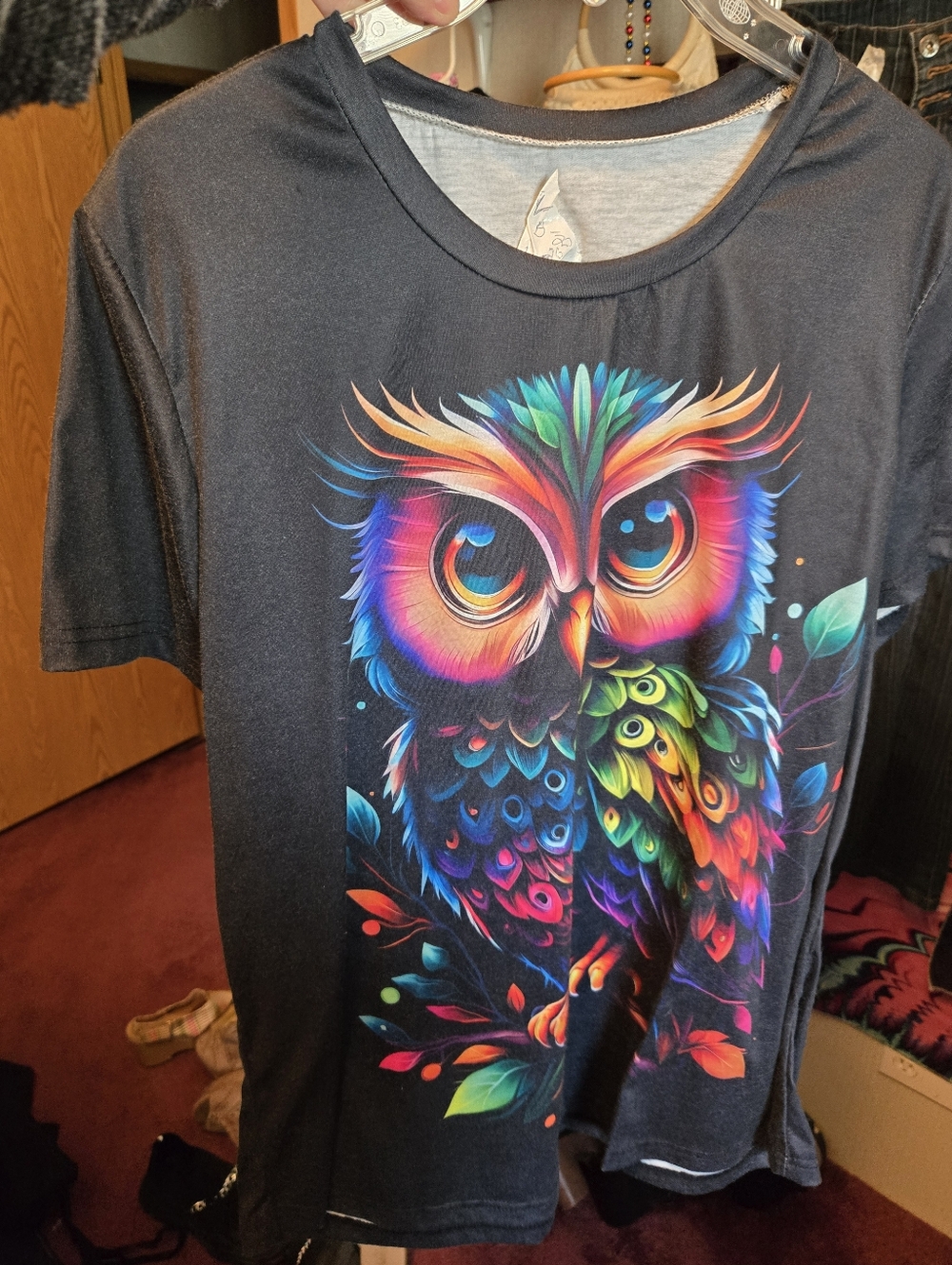 Black Tee with Vibrant Neon Owl Graphic